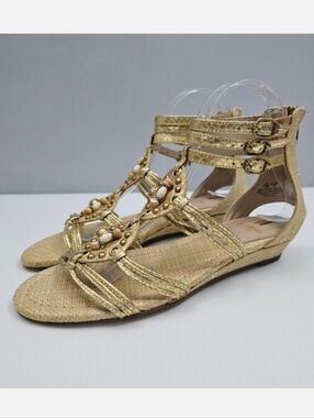 Sam Edelman Danica Gladiator Beaded Sandal Womens 7.5 Metallic Gold Strappy NEW